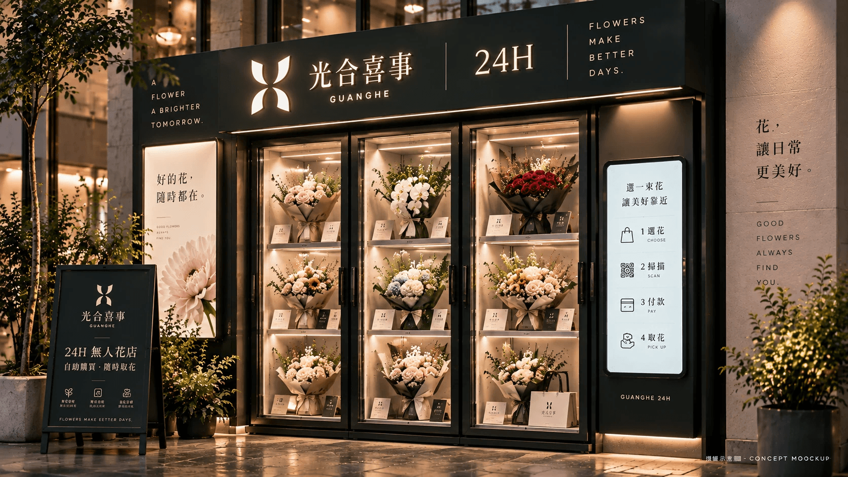 24H 光合自助合作概念：深綠品牌招牌、花禮展示格與自助操作導引