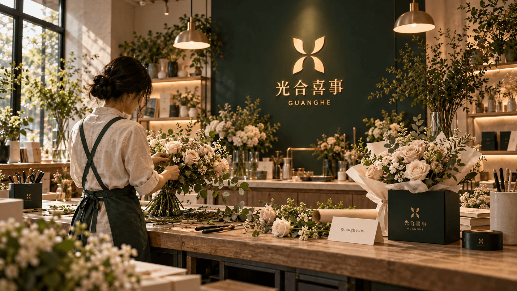 花藝夥伴合作概念：花藝師於暖光工作室製作花束，光合商標、包裝與官網資訊